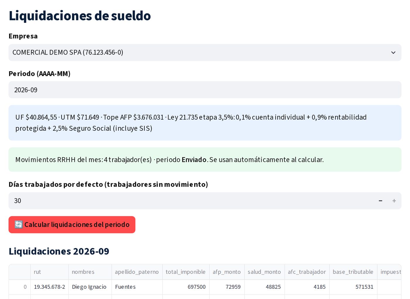 Pantalla de liquidaciones de sueldo